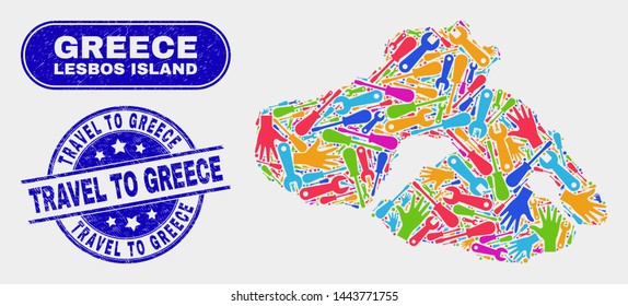 Factory Lesbos Island map and blue Travel to Greece textured seal. Colorful vector Lesbos Island map mosaic of mechanics parts. Blue rounded Travel to Greece seal.