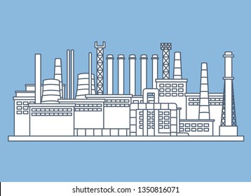 Factory line art vector illustration. Industrial landscape. Ecology problems. Many smoke pipes, chimneys, power towers. Gas, oil branch facilities. Large production, big venture. City industry view. 