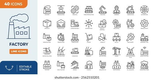 Factory line editable icon set. Containing industry, production, machine, manufacture, warehouse, fabrication, goods and more.