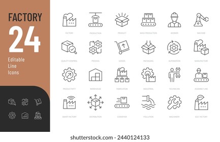 Factory Line Editable Icons set. Vector illustration in modern thin line style of industry related icons: product, distribution, machinery, and more. Pictograms and infographics for mobile apps