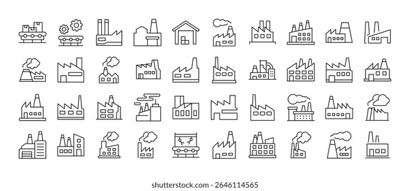 Coleção de Ícones de Linha de Fábrica. Outline Signs para Gráficos e Web Design, Apps, Anúncios, Vários Cartões 
