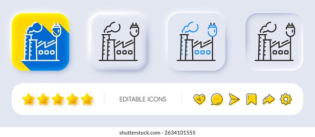 Factory line icon. Neumorphic, Flat shadow, 3d buttons. Industry energy sign. Manufacture electric power symbol. Line factory icon. Social media icons. Vector