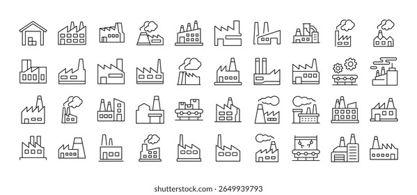 Pacote de Ícones de Linha de Fábrica. Outline Signs para Gráficos e Web Design, Apps, Anúncios, Vários Cartões 