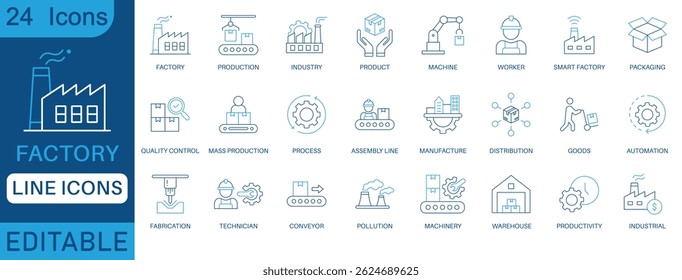 Conjunto de iconos de línea de fábrica. Que contiene la industria, la producción, la máquina, la fabricación, el almacén, la fabricación, las mercancías y más. colección perfecta del icono.