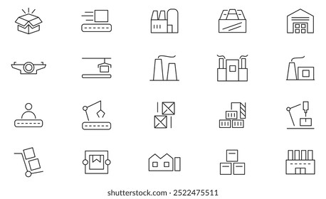 Factory line icon set. Manufacturing, commerce, containing assembly line, efficiency, standardization, automation, conveyor belt, replication, economies line icon set. UI thin line icon pack.