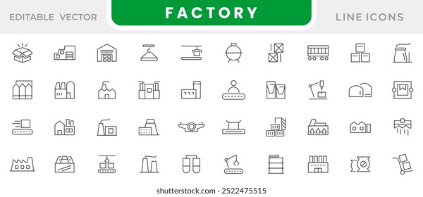 Conjunto de ícones de linha de fábrica. Fabricação, comércio, contendo a linha de montagem, eficiência, padronização, automação, correia transportadora, replicação, economias conjunto de ícones de linha. Pacote de ícones de linha fina da interface do usuário.