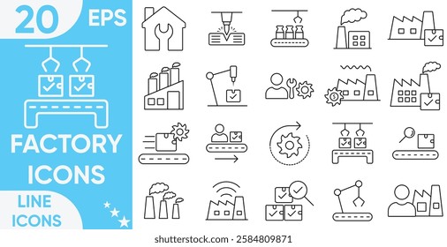 Factory Line icon set.machine, manufacture, industrial, building, industrial robot, Factory tools, production, goods and more.Vector and illustrator set.