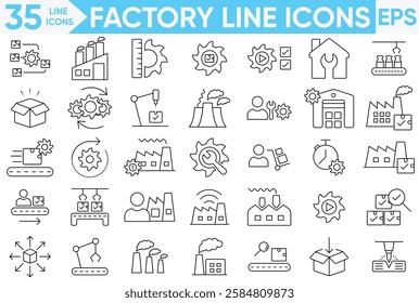 Factory Line icon set.machine, manufacture, industrial, building, industrial robot, Factory tools, production, goods and more.Vector and illustrator set.