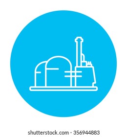 Factory line icon for web, mobile and infographics. Vector white icon on the light blue circle isolated on white background.