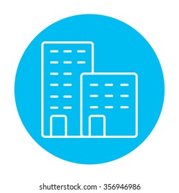 Factory line icon for web, mobile and infographics. Vector white icon on the light blue circle isolated on white background.