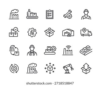 Definição de ícones de linha de fábrica. Símbolos simples com indústria, fabricação, armazém, fábrica e máquinas. Traçado editável. Coleção de ilustrações de vetor de contorno isolada no plano de fundo