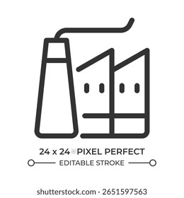 Ícone de interface do usuário da linha de fábrica. Produção industrial. Fabricação de poluição, fumaça. Engenharia, máquinas. Símbolo de contorno de vetor isolado. Elemento linear da interface do usuário do Webdesign, pixel perfect