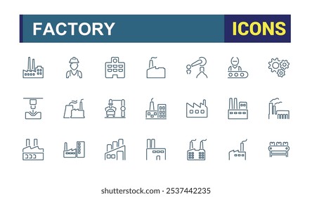 Coleção de ícones linear de fábrica. Apresentando produção, industrial, produtividade, técnico, fabricação. Ícones de estilo linear fino. Ilustração vetorial em estilo de linha moderno.