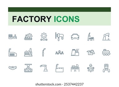 Coleção de ícones linear de fábrica. Apresentando produção, industrial, produtividade, técnico, fabricação. Ícones de estilo linear fino. Ilustração vetorial em estilo de linha moderno.