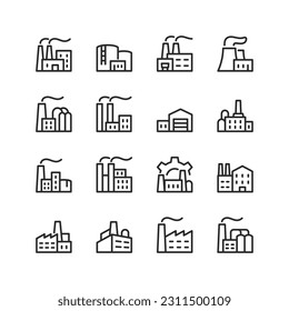 Factory, linear style icons set. Manufacturing buildings with pipes, warehouses, storage, workshops. Industry. Editable stroke width