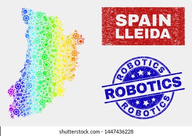 Factory Lleida Province map and blue Robotics distress seal. Colorful gradiented vector Lleida Province map mosaic of productivity elements. Blue rounded Robotics seal.