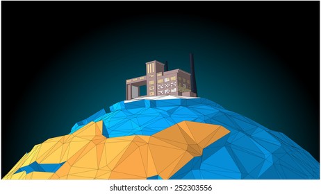 Factory located on the pole of the planet against black background. Vector illustration in a low-polygonal style 