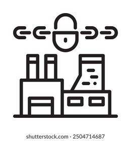 Fabrik mit Schloss-Symbol. Gliederungsstil. Vektor. Einzeln auf weißem Hintergrund.