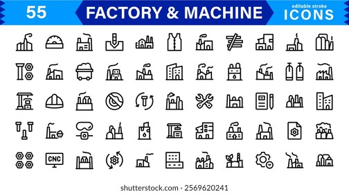 Factory and  Machine Icon Set. Creative, Minimalist Designs for Manufacturing Plants, Machinery, Tools, Industry, and Engineering Projects