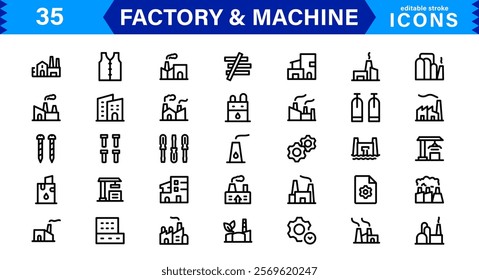 Factory and  Machine Icon Set. Creative, Minimalist Designs for Manufacturing Plants, Machinery, Tools, Industry, and Engineering Projects