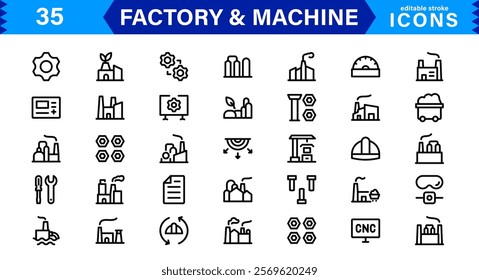 Factory and  Machine Icon Set. Creative, Minimalist Designs for Manufacturing Plants, Machinery, Tools, Industry, and Engineering Projects