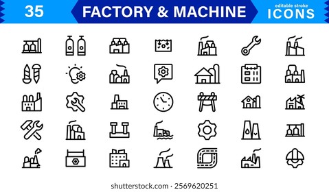 Factory and  Machine Icon Set. Creative, Minimalist Designs for Manufacturing Plants, Machinery, Tools, Industry, and Engineering Projects