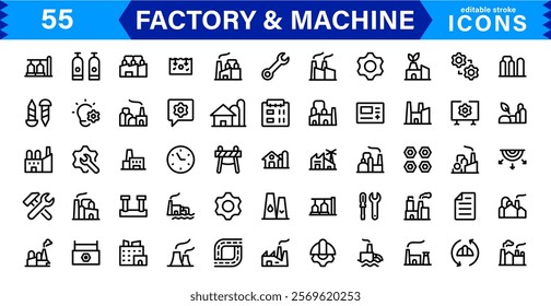 Factory and  Machine Icon Set. Creative, Minimalist Designs for Manufacturing Plants, Machinery, Tools, Industry, and Engineering Projects