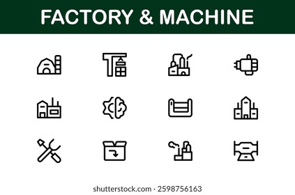 Factory and Machine Icon Set. Essential Collection for Industrial, Manufacturing, and Production Designs