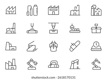 Fatory and Machine Icon set (Conjunto de ícones de fábrica e máquina). Um conjunto versátil para design industrial, fluxos de trabalho de produção, máquinas, gerenciamento de fábrica e soluções de engenharia.