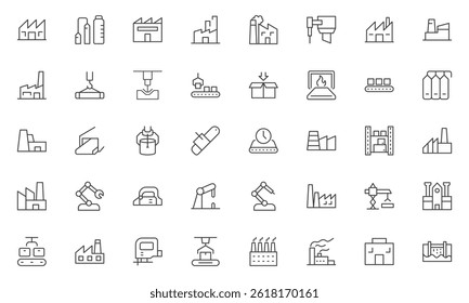 Fatory and Machine Icon set (Conjunto de ícones de fábrica e máquina). Um conjunto versátil para design industrial, fluxos de trabalho de produção, máquinas, gerenciamento de fábrica e soluções de engenharia.