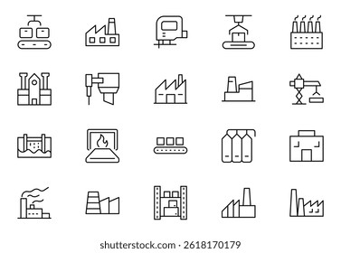 Fatory and Machine Icon set (Conjunto de ícones de fábrica e máquina). Um conjunto versátil para design industrial, fluxos de trabalho de produção, máquinas, gerenciamento de fábrica e soluções de engenharia.