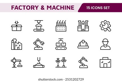 Factory and Machine Icons Collection: A Versatile Set for Industrial Design, Production Workflows, Machinery, Factory Management, and Engineering Solutions.