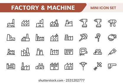 Coleção de Ícones de Fábrica e Máquina: Um Conjunto Versátil para Design Industrial, Fluxos de Trabalho de Produção, Máquinas, Gerenciamento de Fábrica e Soluções de Engenharia.
