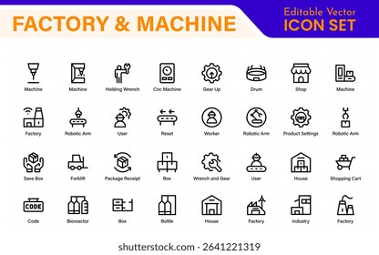 Factory and Machine Icons Collection. A Versatile Set for Industrial Design, Production Workflows, Machinery, Factory Management, and Engineering Solutions.