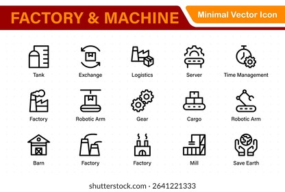 Factory and Machine Icons Collection. A Versatile Set for Industrial Design, Production Workflows, Machinery, Factory Management, and Engineering Solutions.