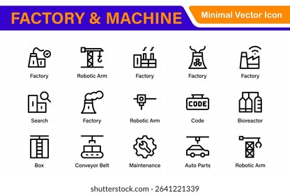 Factory and Machine Icons Collection. A Versatile Set for Industrial Design, Production Workflows, Machinery, Factory Management, and Engineering Solutions