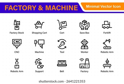 Factory and Machine Icons Collection. A Versatile Set for Industrial Design, Production Workflows, Machinery, Factory Management, and Engineering Solutions.