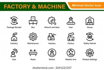 Factory and Machine Icons Collection. A Versatile Set for Industrial Design, Production Workflows, Machinery, Factory Management, and Engineering Solutions.
