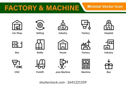 Factory and Machine Icons Collection. A Versatile Set for Industrial Design, Production Workflows, Machinery, Factory Management, and Engineering Solutions.