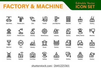 Factory and Machine Icons Collection. A Versatile Set for Industrial Design, Production Workflows, Machinery, Factory Management, and Engineering Solutions.