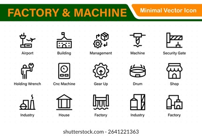 Factory and Machine Icons Collection. A Versatile Set for Industrial Design, Production Workflows, Machinery, Factory Management, and Engineering Solutions.