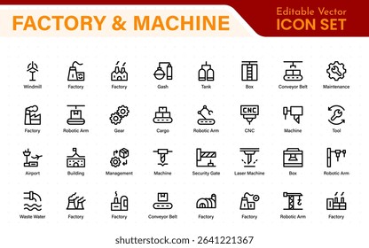 Factory and Machine Icons Collection. A Versatile Set for Industrial Design, Production Workflows, Machinery, Factory Management, and Engineering Solutions.