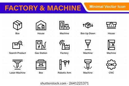 Factory and Machine Icons Collection. A Versatile Set for Industrial Design, Production Workflows, Machinery, Factory Management, and Engineering Solutions.