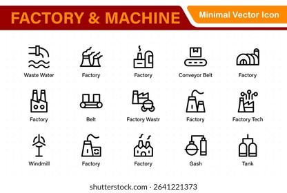 Factory and Machine Icons Collection. A Versatile Set for Industrial Design, Production Workflows, Machinery, Factory Management, and Engineering Solutions.
