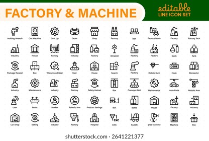 Factory and Machine Icons Collection. A Versatile Set for Industrial Design, Production Workflows, Machinery, Factory Management, and Engineering Solutions.