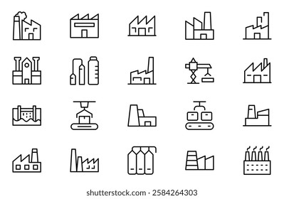 Factory and Machine Icons set. A Versatile Set for Industrial Design, Production Workflows, Machinery, Factory Management, and Engineering Solutions.