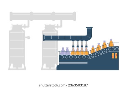 Factory machine puring palm oil in bottles, flat vector illustration isolated on white background. Palm oil production process - product packing.