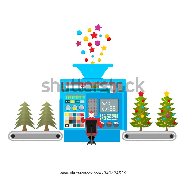 Factory machine for\
release of beautiful Christmas trees. Tree for new year with ball\
and star. Xmas decorations are automatically attached to spruce.\
Automatic fir-tree\
decorating
