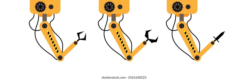 Factory Machinery Robot Hand Flat Style Set. Technology, steel works, welding and product manufacturing vector art