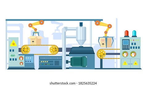 Factory machines. Industry production process. Factory robot machinery system. Manufacturing automation technology and industrial engineering machines vector illustration